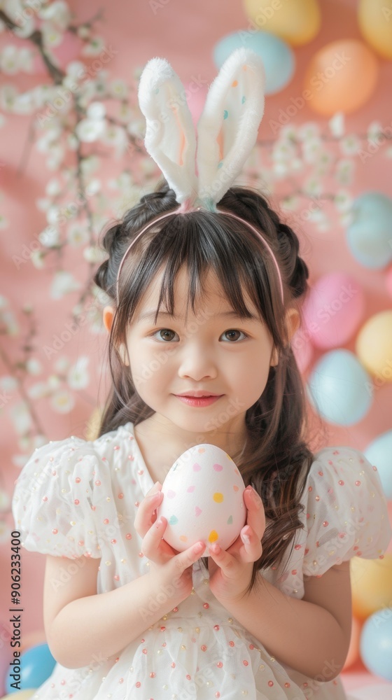 A young girl smiles while holding a decorated Easter egg amidst pastel decorations A young girl smiles while holding a decorated Easter egg amidst pastel decorations