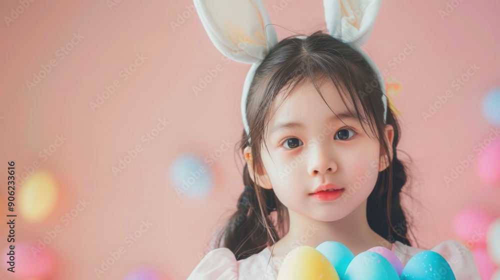 A child with bunny ears joyfully holds decorated eggs, surrounded by pastel decorations A child with bunny ears joyfully holds decorated eggs, surrounded by pastel decorations
