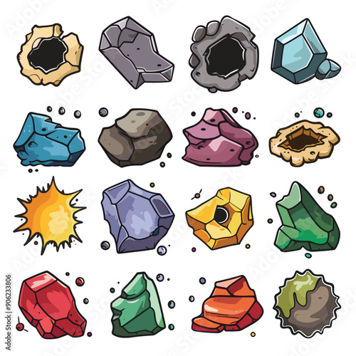 Colorful collection various cartoon rocks stones. Cartoon minerals, geology, colorful stone collection game design. Handdrawn set bright gems, crystals, ores, nuggets illustration