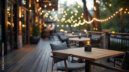 Restaurant patio with twinkling lights and cozy atmosphere.