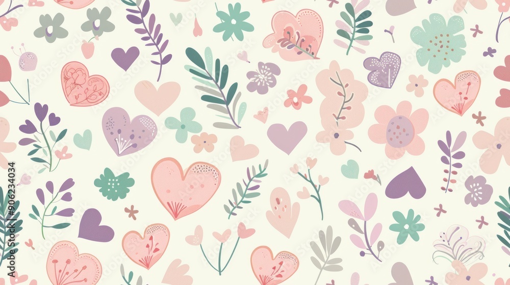 A seamless Mother's Day pattern featuring a harmonious blend of delicate hearts, blooming flowers, and graceful ribbons in soft pastel colors, ideal for festive decorations. A seamless Mother's Day pattern featuring a harmonious blend of delicate hearts, blooming flowers, and graceful ribbons in soft pastel colors, ideal for festive decorations.