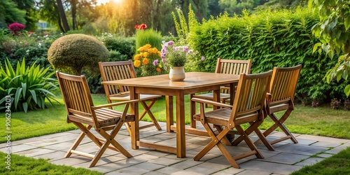 wooden table and chairs in the garden Generative AI