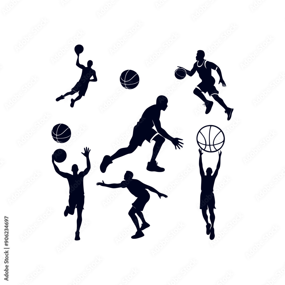 Obraz premium A set of Basketball player silhouettes, Basketball elements Clip art isolated vector illustration