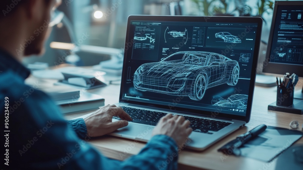 A man is working on a laptop computer, designing a car A man is working on a laptop computer, designing a car