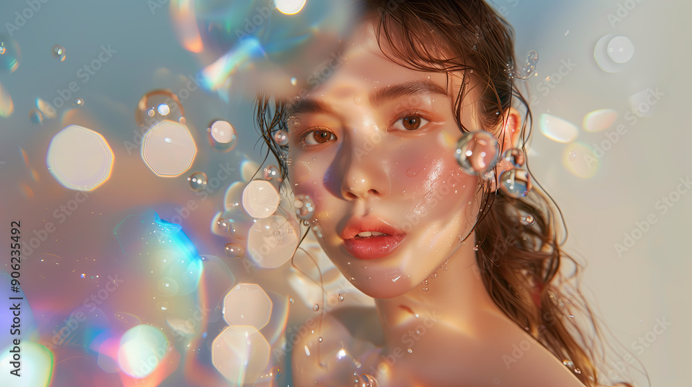 Stunning Model with Luminous Dewy Skin in a Minimalist Setting Surrounded by Floating Vitamin B1 Extracts Stunning Model with Luminous Dewy Skin in a Minimalist Setting Surrounded by Floating Vitamin B1 Extracts
