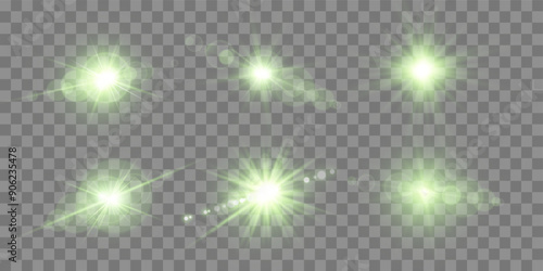 Green lens flares set. Isolated on transparent background. Sun flash with rays spotlight and bokeh. Green glow flare light effect. Vector illustration.