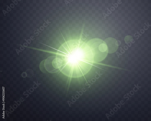 Green sunlight lens flare, sun flash with rays and spotlight. Glowing burst explosion on a transparent background. Vector illustration.