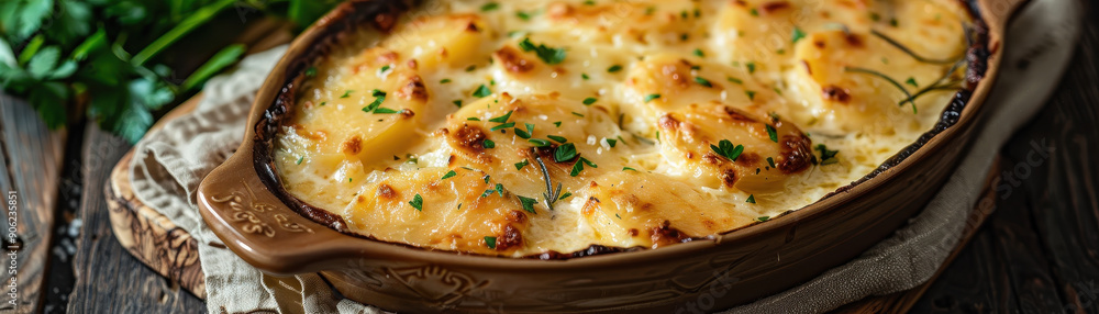 A wooden spoon is scooping food from a casserole dish. The dish is filled with potatoes and cheese, and it looks delicious A wooden spoon is scooping food from a casserole dish. The dish is filled with potatoes and cheese, and it looks delicious