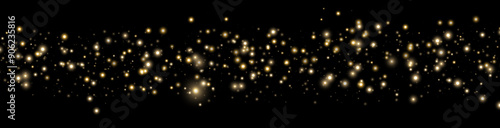 Gold glittering dots, particles, stars magic sparks. Glow flare light effect. Gold luminous points. Vector particles on black background.