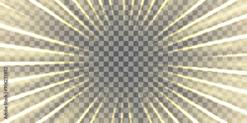Radial speed rays, light neon flow, zoom in motion effect, gold glow speed lines, colorful light trails, perspective stripes. Abstract background, vector illustration.