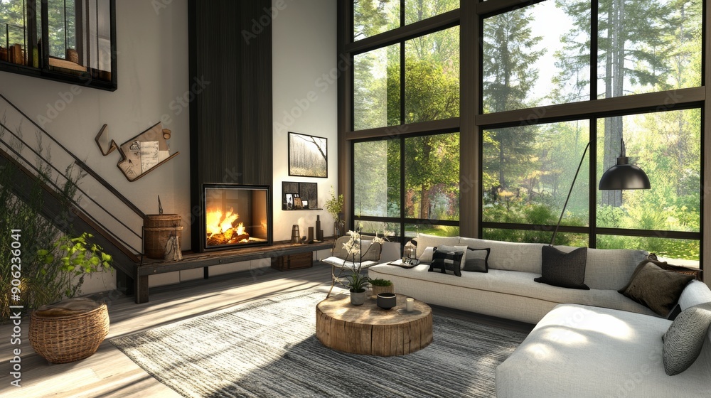 A large living room with a fireplace, a coffee table, and a couch A large living room with a fireplace, a coffee table, and a couch