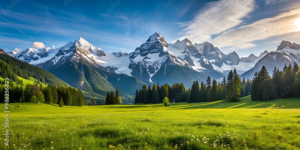 Obraz premium Alpine meadow with a backdrop of snow capped mountains Creative AI