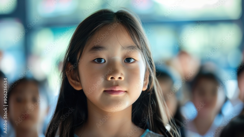A young girl stands confidently in front of her classmates while participating in a classroom activity A young girl stands confidently in front of her classmates while participating in a classroom activity