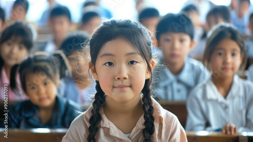 A girl sits in front, focused, while classmates attend to their lessons in a bright classroom