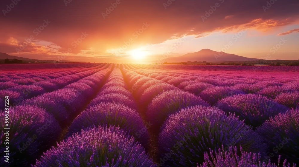 A field of lavender flowers with a beautiful sunset in the background A field of lavender flowers with a beautiful sunset in the background