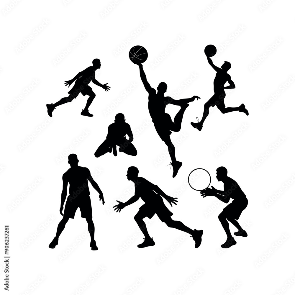 A set of Basketball player silhouettes, Basketball elements Clip art isolated vector illustration A set of Basketball player silhouettes, Basketball elements Clip art isolated vector illustration