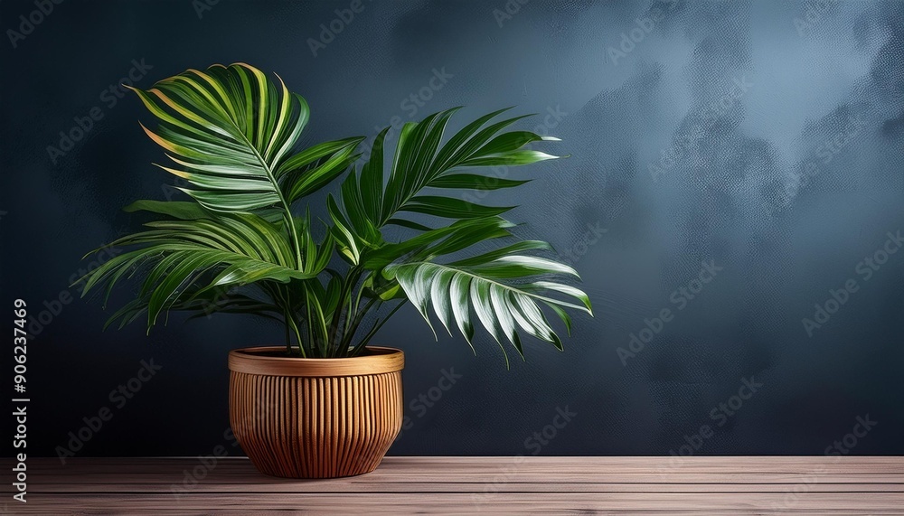 custom made wallpaper toronto digitalTropical Elegance: Plant in Wooden Pot on Dark Wall