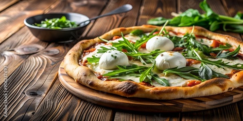 Freshly baked pizza with cheese arugula and burrata on a wooden table AI-Created Content