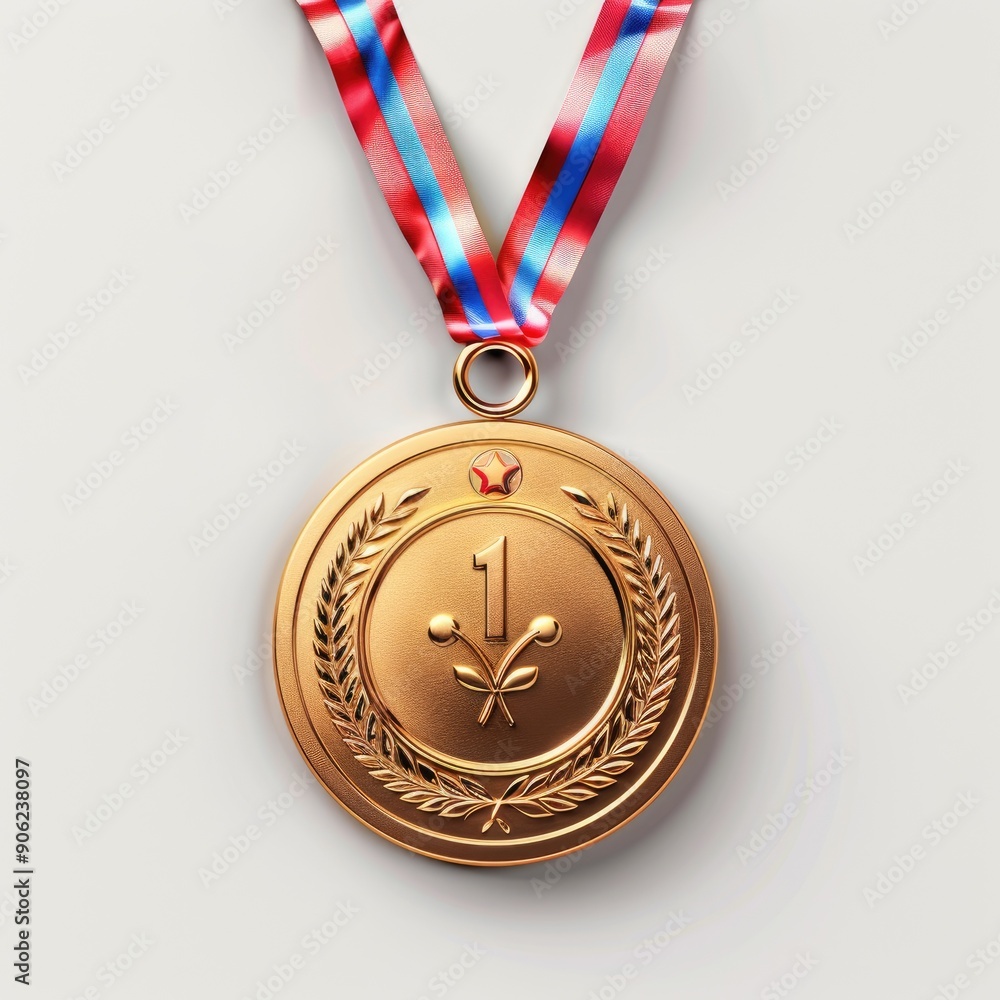 Golden medal with ribbon displaying number 1 in an elegant style Golden medal with ribbon displaying number 1 in an elegant style