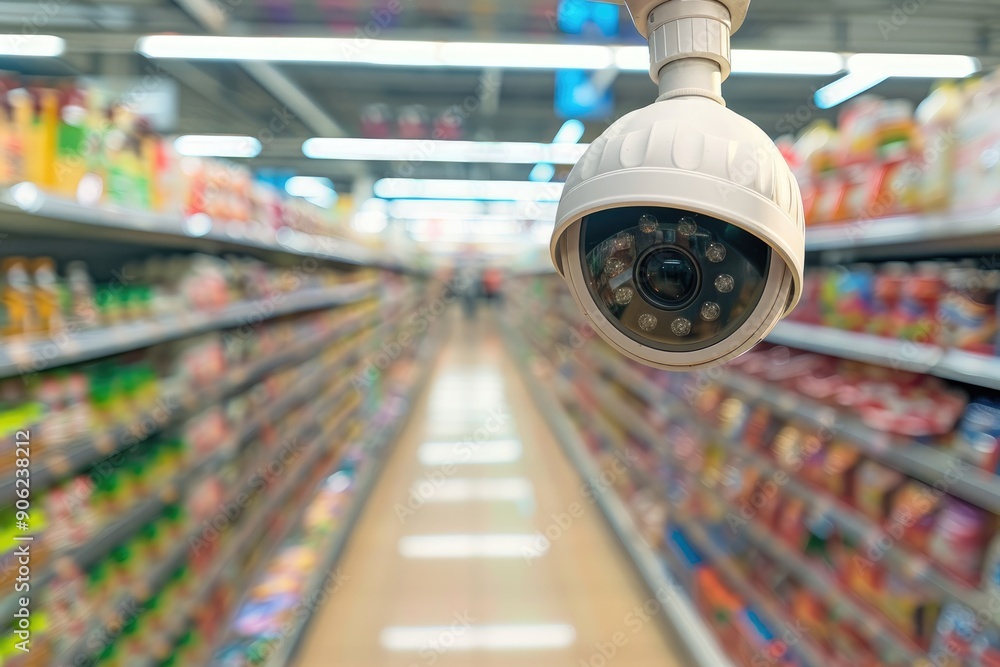 Obraz premium Security camera recording customers shopping for groceries in supermarket
