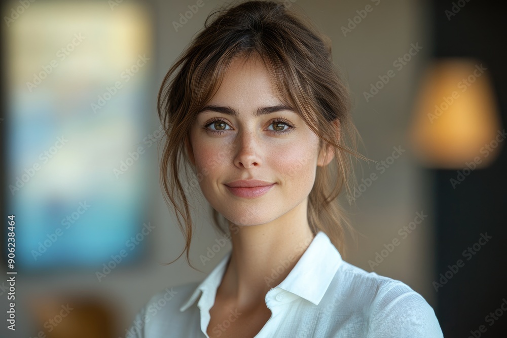 Young professional woman smiling wearing white shirt on grey background Young professional woman smiling wearing white shirt on grey background