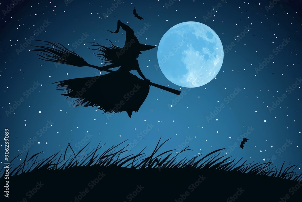 Silhouette of a witch on a broom flying across the night sky - Halloween illustration. AI generative Silhouette of a witch on a broom flying across the night sky - Halloween illustration. AI generative