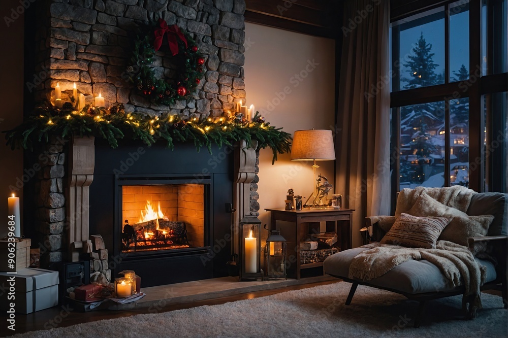 Ambient fireplace and Christmas tree in living room Ambient fireplace and Christmas tree in living room