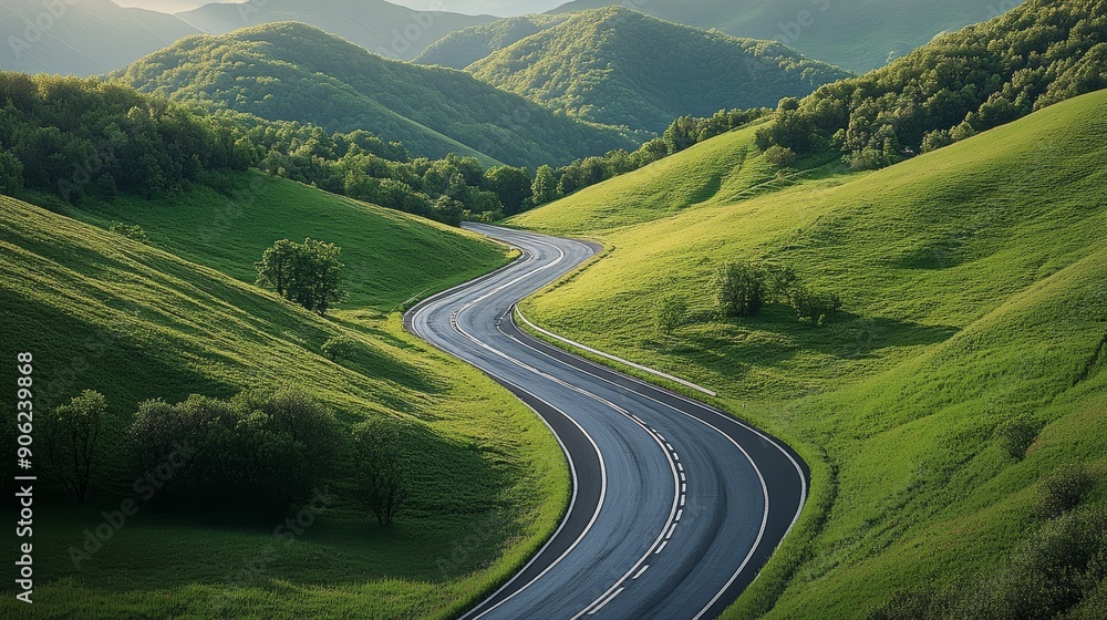 A winding road in a grassy field with trees in the background A winding road in a grassy field with trees in the background