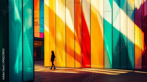 A woman walks past a colorful building with a rainbow of colors