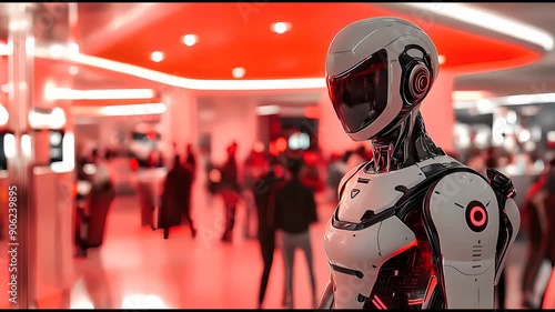 Wallpaper Mural Sleek humanoid robot with glossy white and black exterior and red accents in modern bustling environment Torontodigital.ca