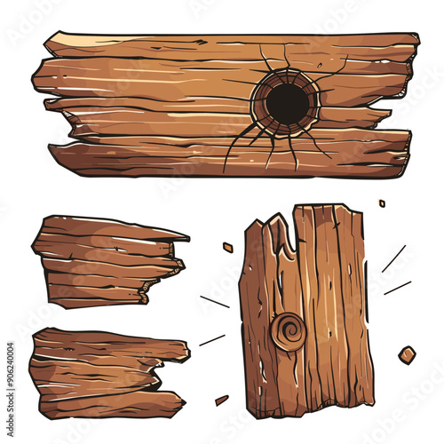 Wooden planks broken cartoon style illustration. Three separate pieces wood depicted, one bullet hole, another fractured. Timber graphics design elements, broken wood chunks, cartoon game assets