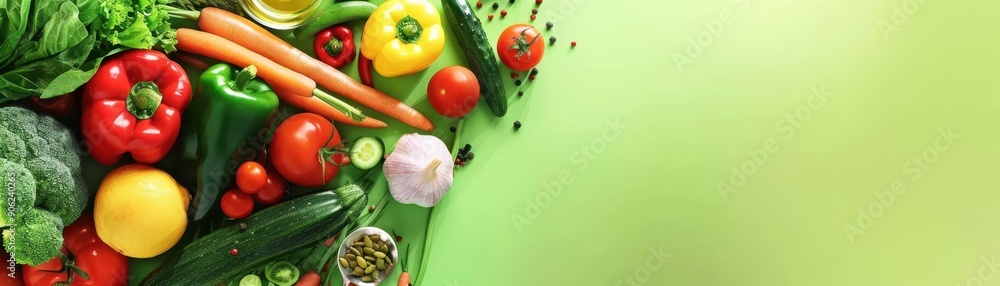 A vibrant assortment of fresh vegetables on a green background. Perfect for promoting healthy eating and lifestyle. High-quality image. A vibrant assortment of fresh vegetables on a green background. Perfect for promoting healthy eating and lifestyle. High-quality image.