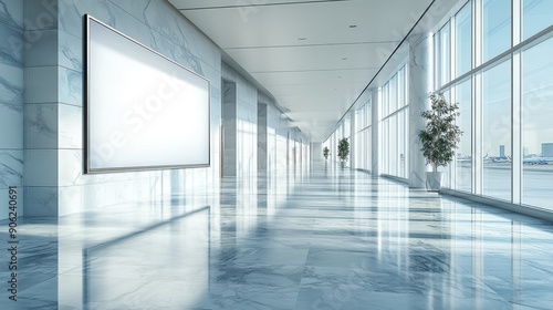 Modern Office Corridor with Large Windows and Marble Flooring  Featuring a Blank Whiteboard and Potted Plants  Bathed in Natural Light