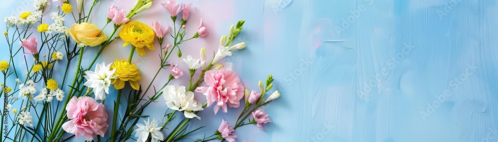 Vibrant floral arrangement with pink, yellow, and white flowers against a pastel blue textured background. Suitable for spring and summer themes. Vibrant floral arrangement with pink, yellow, and white flowers against a pastel blue textured background. Suitable for spring and summer themes.