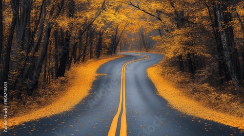 A road with yellow leaves on the ground and a yellow line