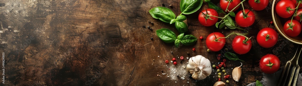 Fresh ripe tomatoes, basil, garlic, and herbs on a rustic wooden background. Perfect ingredients for cooking delicious meals. Fresh ripe tomatoes, basil, garlic, and herbs on a rustic wooden background. Perfect ingredients for cooking delicious meals.