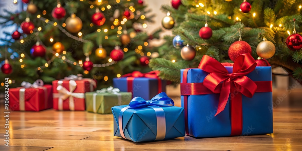 Fototapeta premium Christmas presents wrapped in red and blue on the floor in front of a christmas tree AI-Created Content