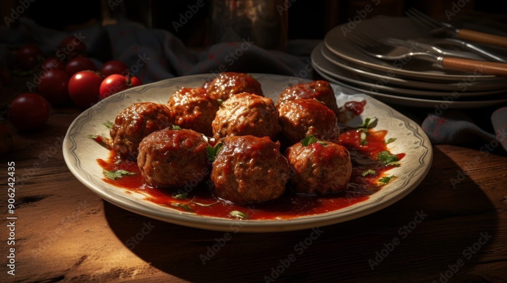 Meatballs with spicy tomato sauce on a plate Meatballs with spicy tomato sauce on a plate