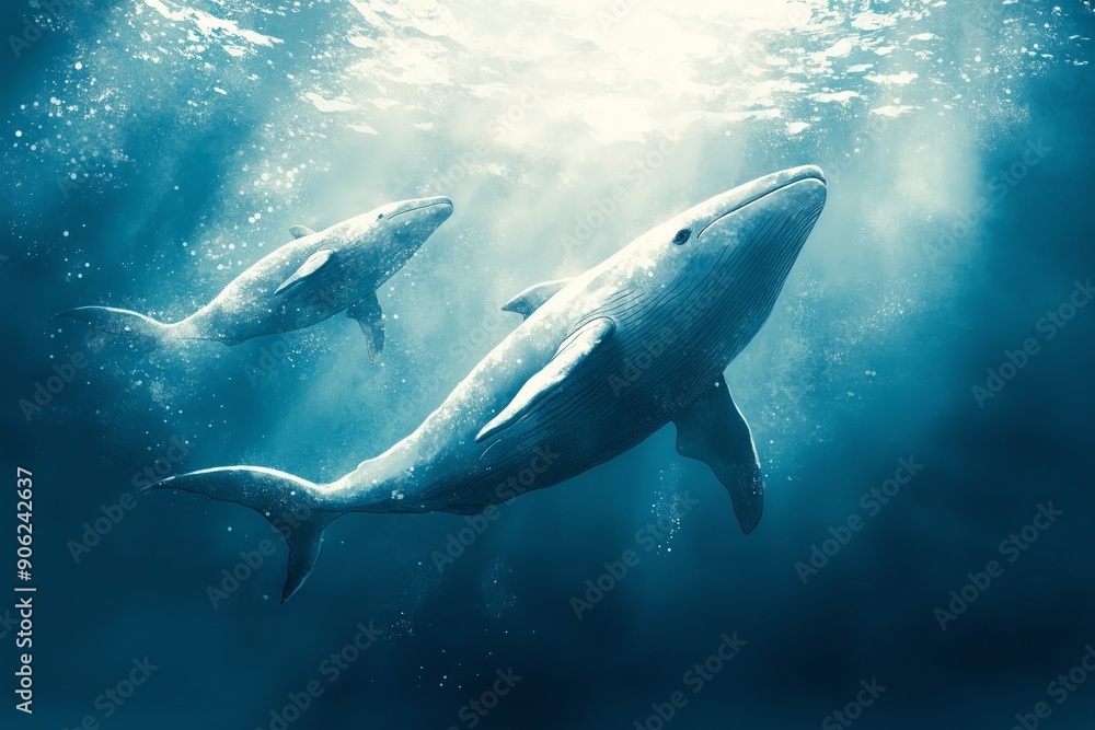illustration of a majestic blue whale swimming gracefully in the deep blue ocean.
illustration of a majestic blue whale swimming gracefully in the deep blue ocean.