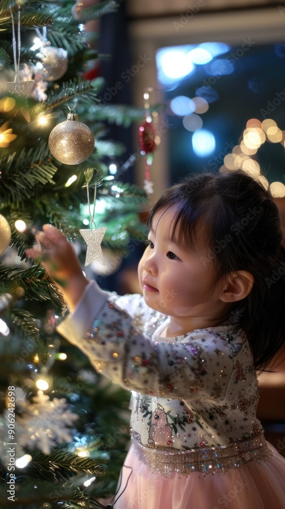 A child happily adds ornaments to a Christmas tree, surrounded by festive lights A child happily adds ornaments to a Christmas tree, surrounded by festive lights