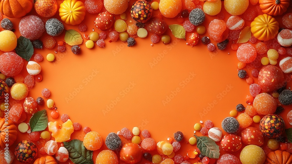Orange and Brown Candy and Pumpkins Around an Orange Background Orange and Brown Candy and Pumpkins Around an Orange Background