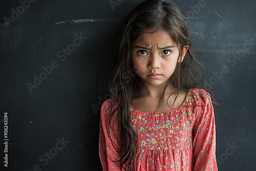 Sad expression, child model shoot, clean background, looking sad, sadness depressed upset mood, generated ai