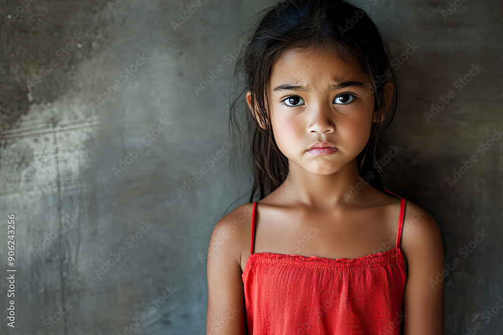 Fototapeta premium Sad expression, child model shoot, clean background, looking sad, sadness depressed upset mood, generated ai