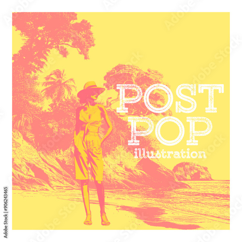 Post Pop Illustration. A Vibrant Summer Day at the Beach With a Stylish Woman Enjoying the Sun