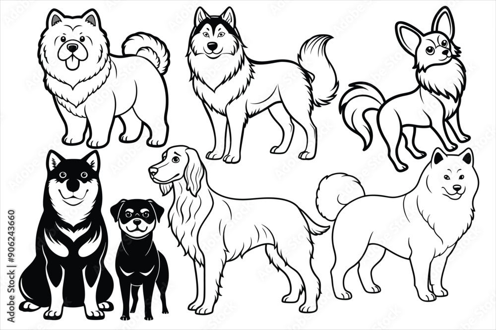 Fototapeta premium Modern Minimalist Dog Illustrations - Vector Art Collection. Discover a stunning collection of six modern, minimalist dog illustrations, each set against vibrant, colored backgrounds.