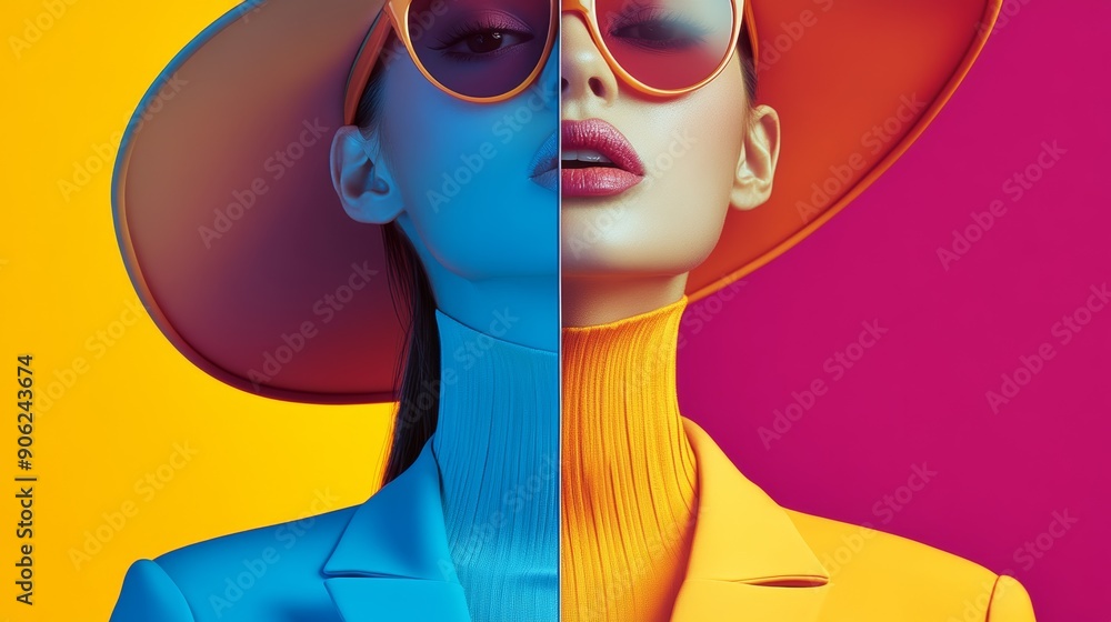 A woman is wearing a yellow and blue outfit with a yellow hat A woman is wearing a yellow and blue outfit with a yellow hat