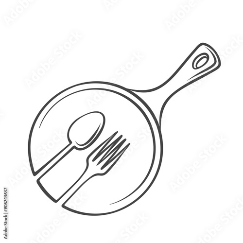 Fork and spoon on frying pan icon, restaurant retro logo design. Funny doodle kitchen equipment and cutlery, chefs menu, cookery utensils emblem. Hand drawn cooking in pan icon vector illustration