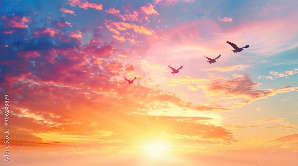 Fototapeta premium Beautiful sunset sky with vibrant colors and birds flying peacefully in the tranquil atmosphere, creating a serene and picturesque scene.