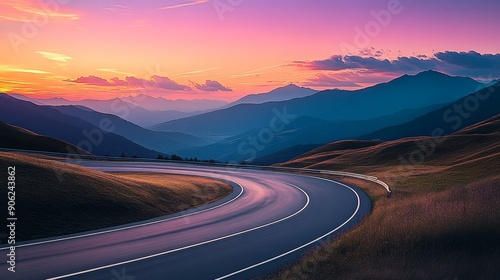 A winding road with mountains in the background