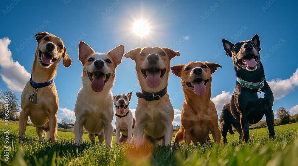 A group of dogs are standing in a field, with the sun shining brightly on them A group of dogs are standing in a field, with the sun shining brightly on them